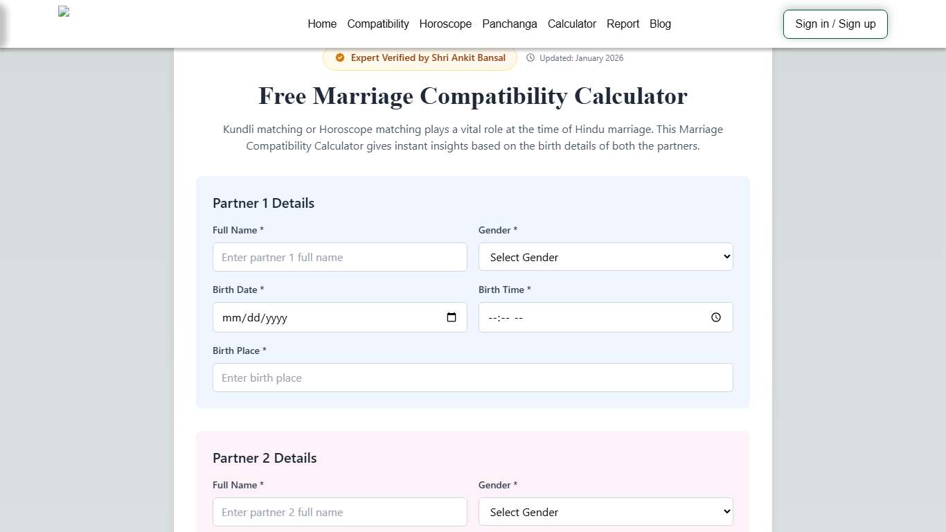Free Marriage Compatibility Calculator - Vedic Kundli Matching & Guna Milan | AstroSight